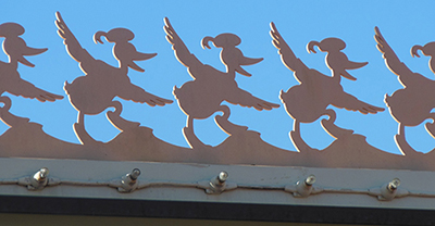 the scrollwork on the roof is a Tribute to Donald Duck